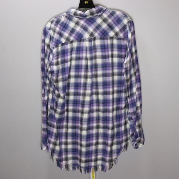 Beachlunchlounge Purple Plaid Button Front Shirt M Frayed Hem - Picture 2 of 4